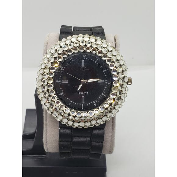 Women\'s dress watch, 1624-2, Large black face with jeweled bevel main image 4